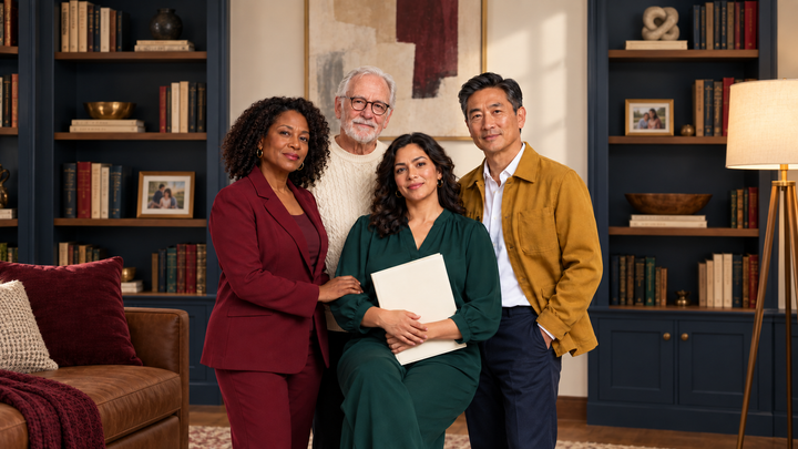 Four trusted adults gathered in a home library to represent estate-planning decision-makers