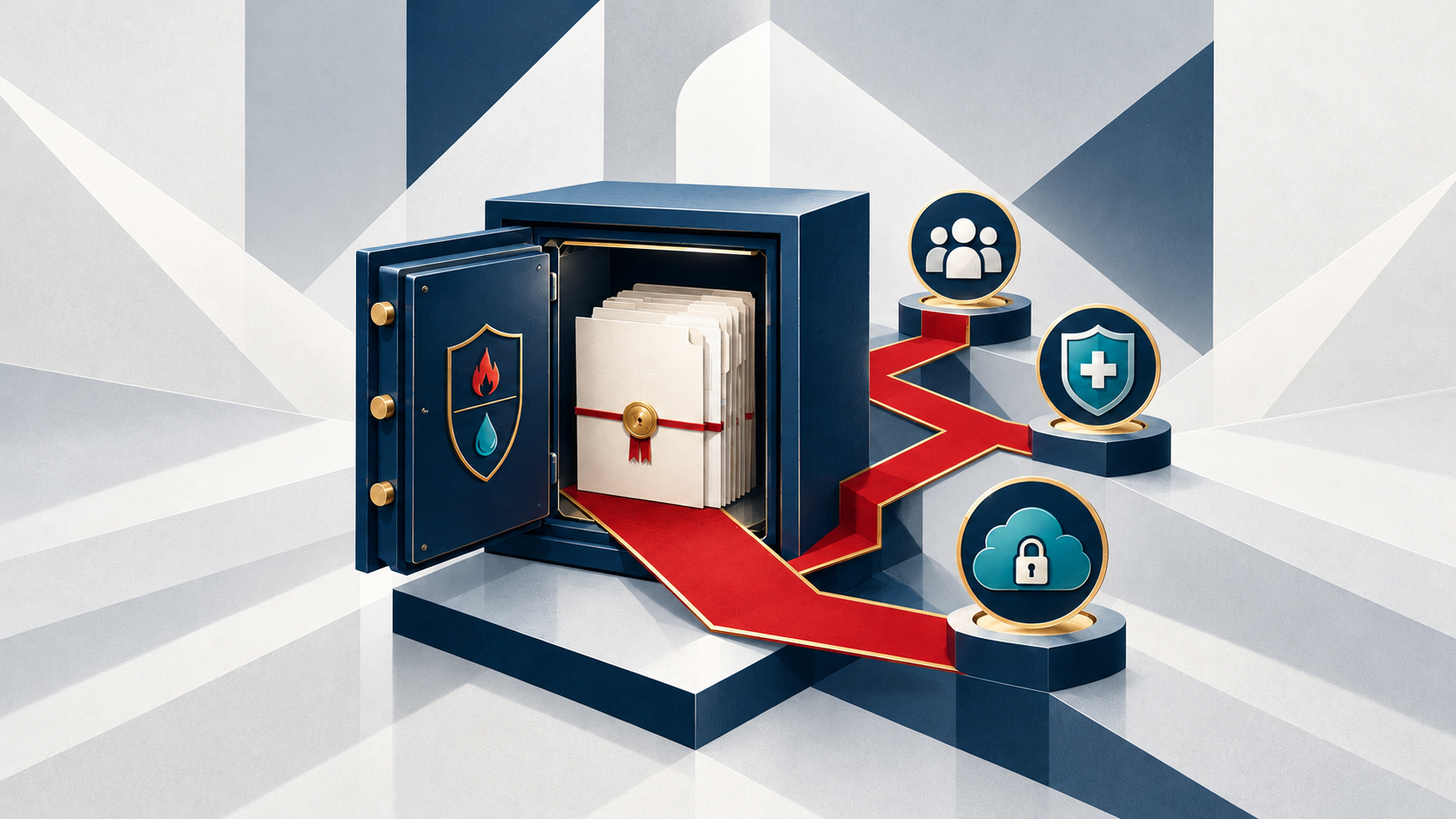 Open secure document safe with clear access paths for trusted contacts, healthcare, and digital records