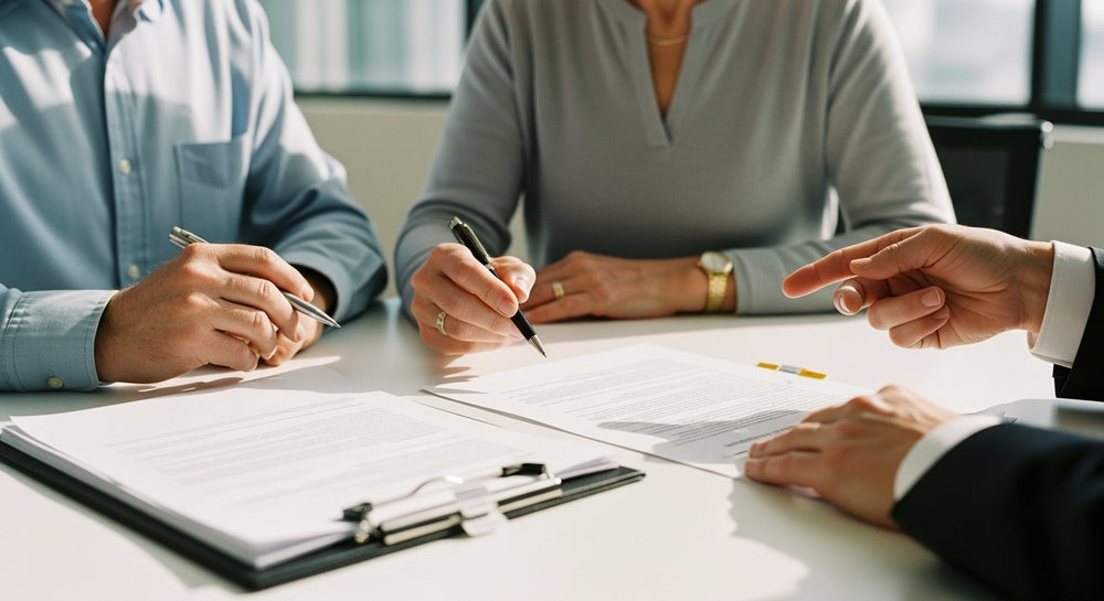 Husband and wife signing estate planning documents with attorney.