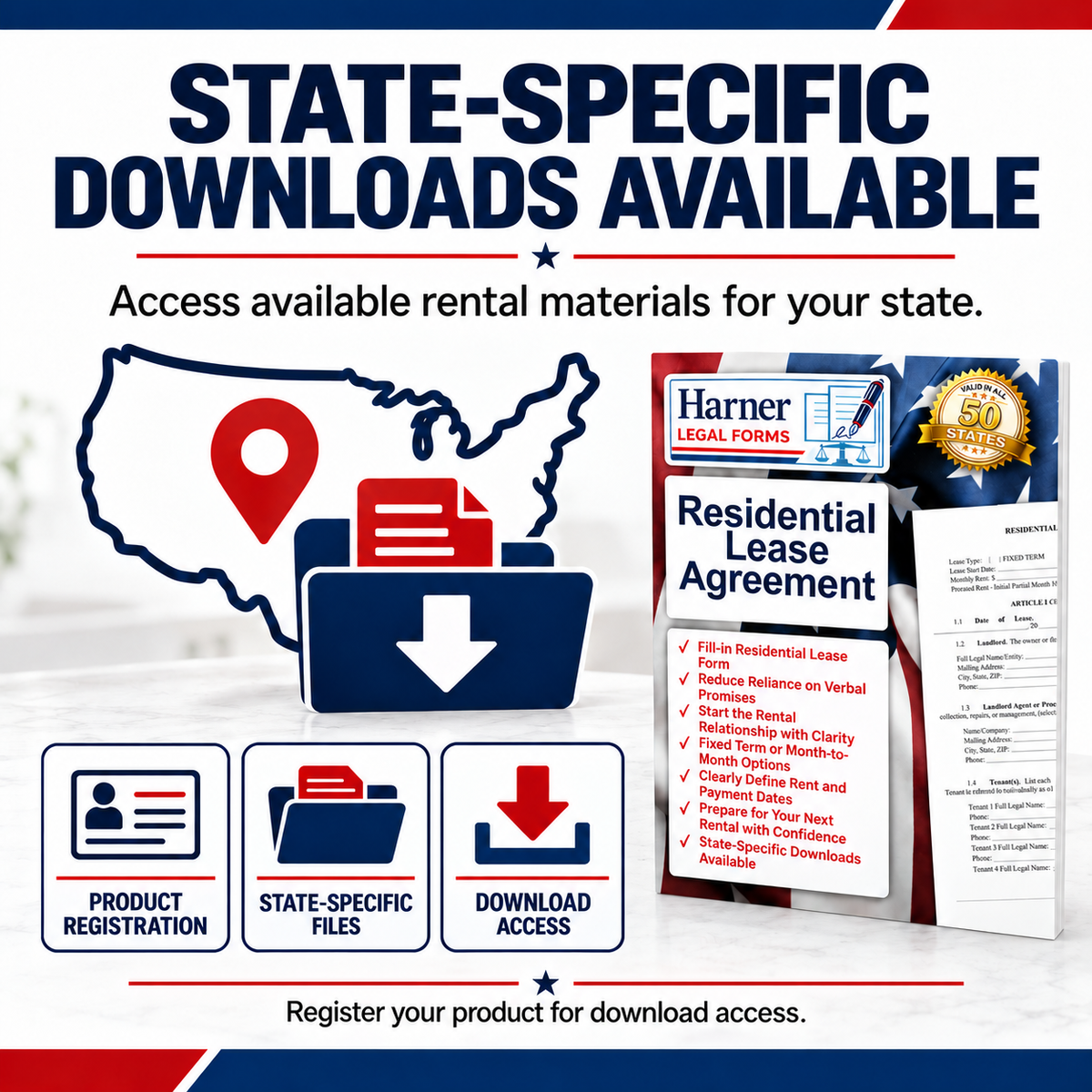 Residential Lease Agreement kit with state-specific downloads and product registration information