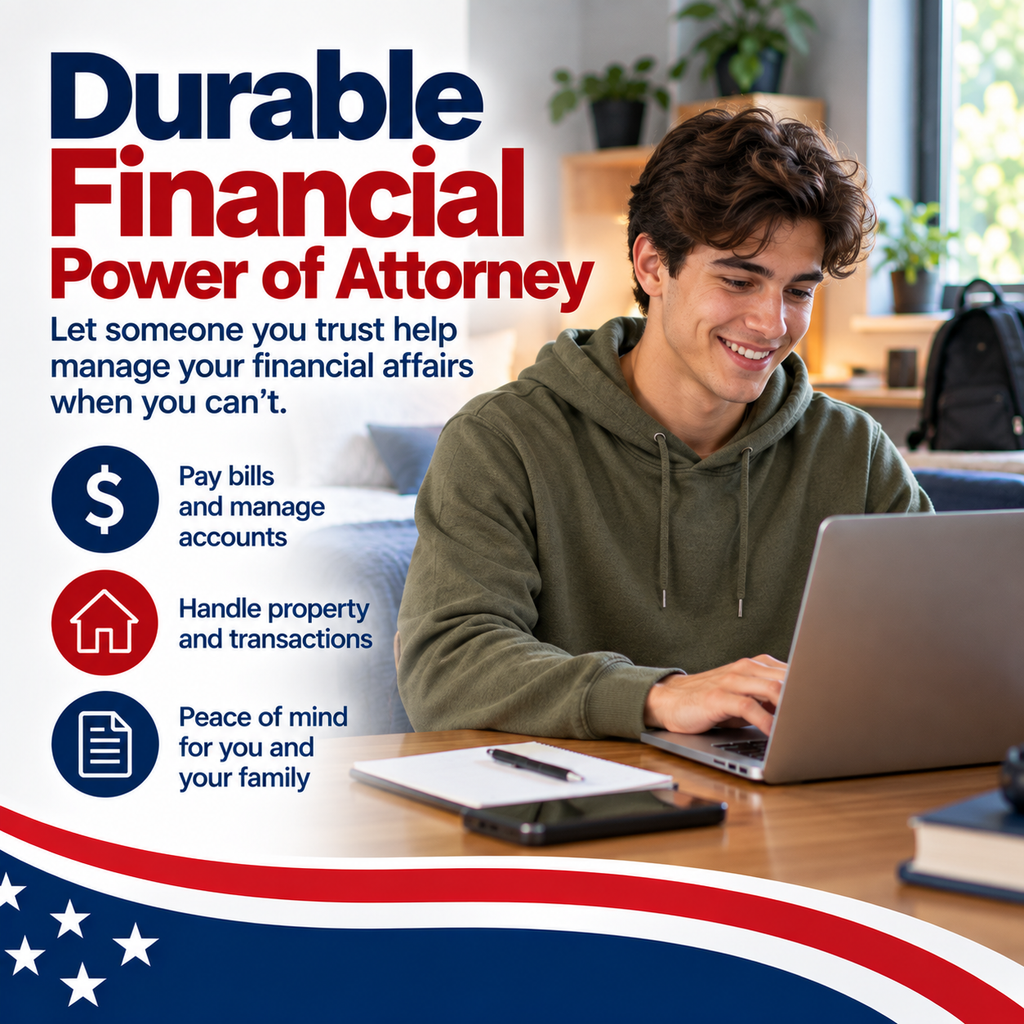 Durable Financial Power of Attorney for young adults to help a trusted person manage financial matters, accounts, property, and transactions