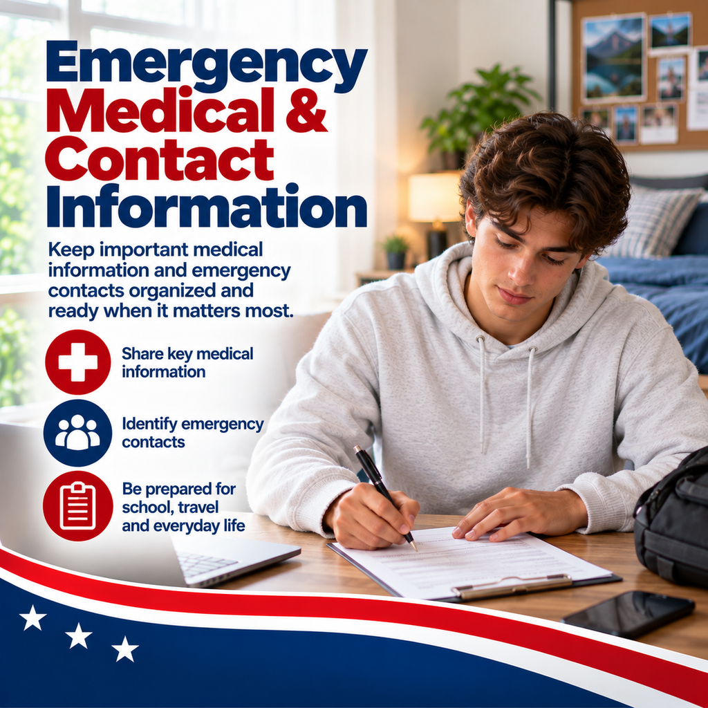 Emergency Medical and Contact Information sheet for young adults to organize medical details and emergency contacts