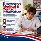 Emergency Medical and Contact Information sheet for young adults to organize medical details and emergency contacts