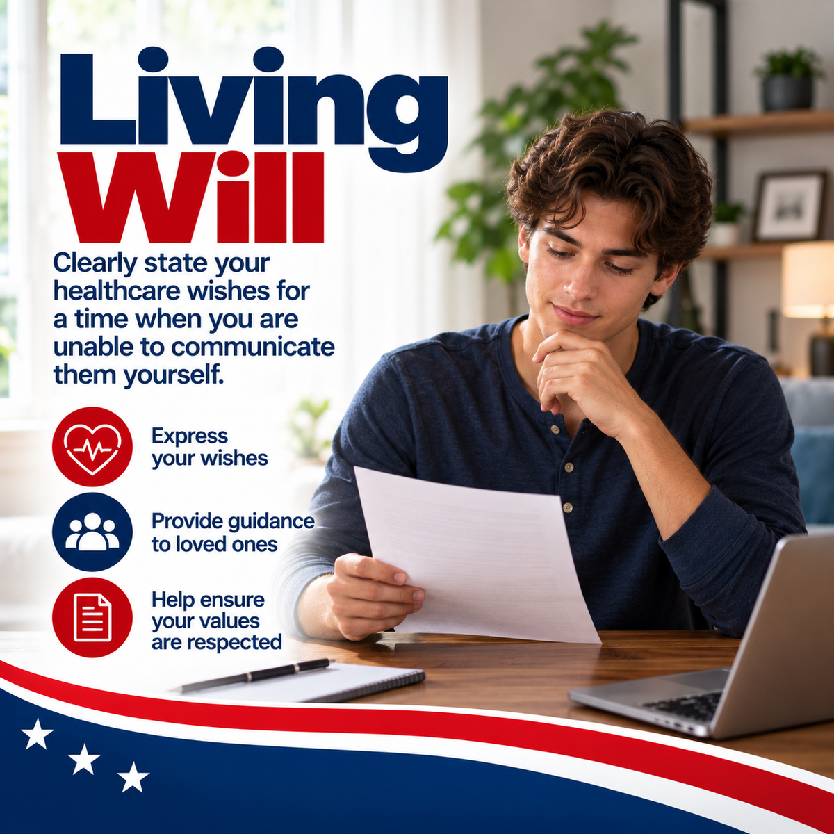 Living Will for young adults to clearly state healthcare wishes, guide loved ones, and help ensure personal values are respected